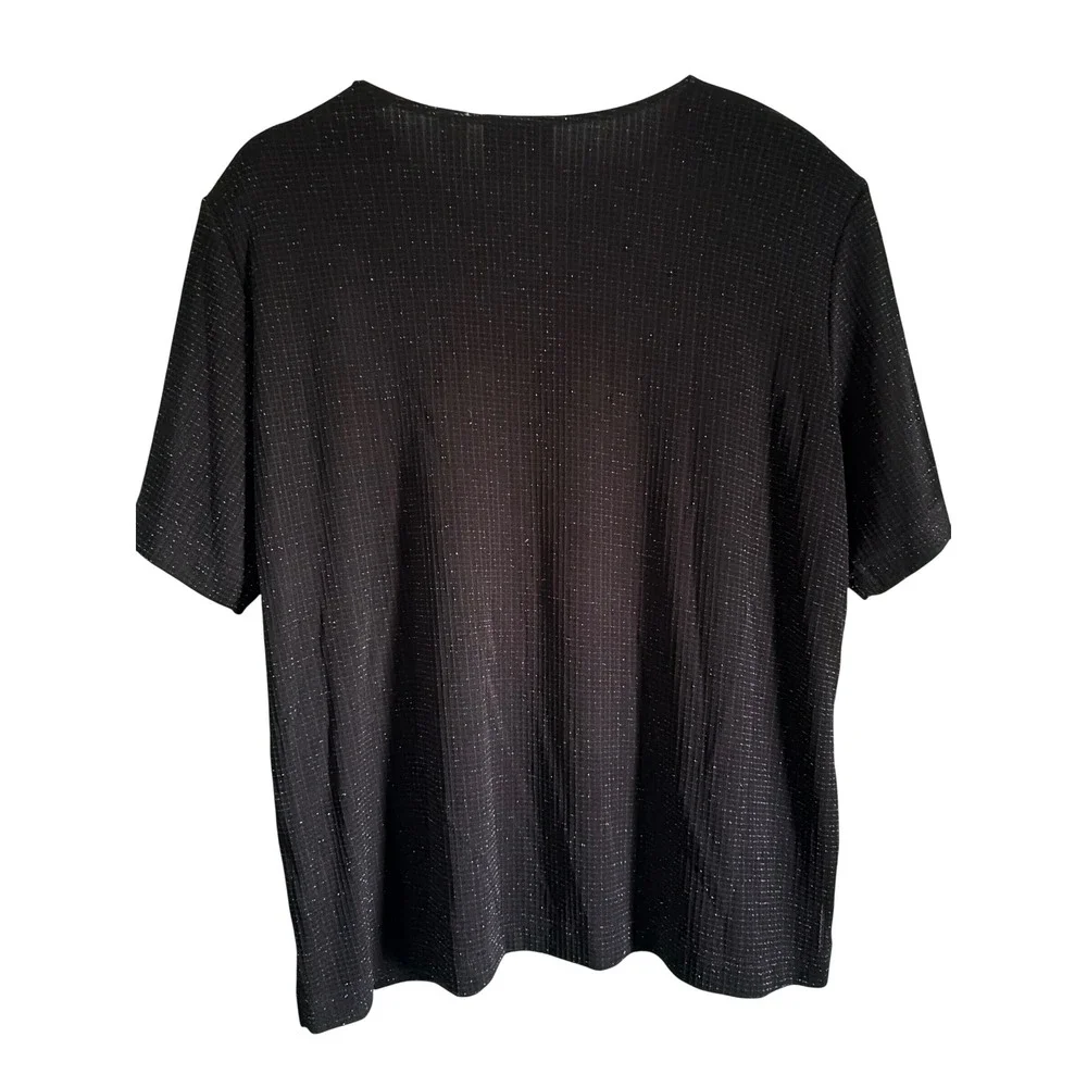 Alfred Dunner Black Metallic Shimmer Ribbed Knit Short Sleeve Top Large